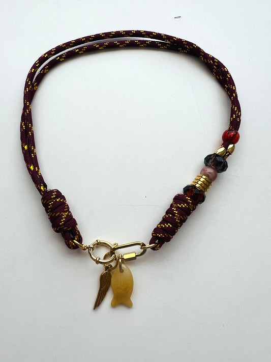 Asymmetric burgundy & gold cord necklace with slider beads # 126