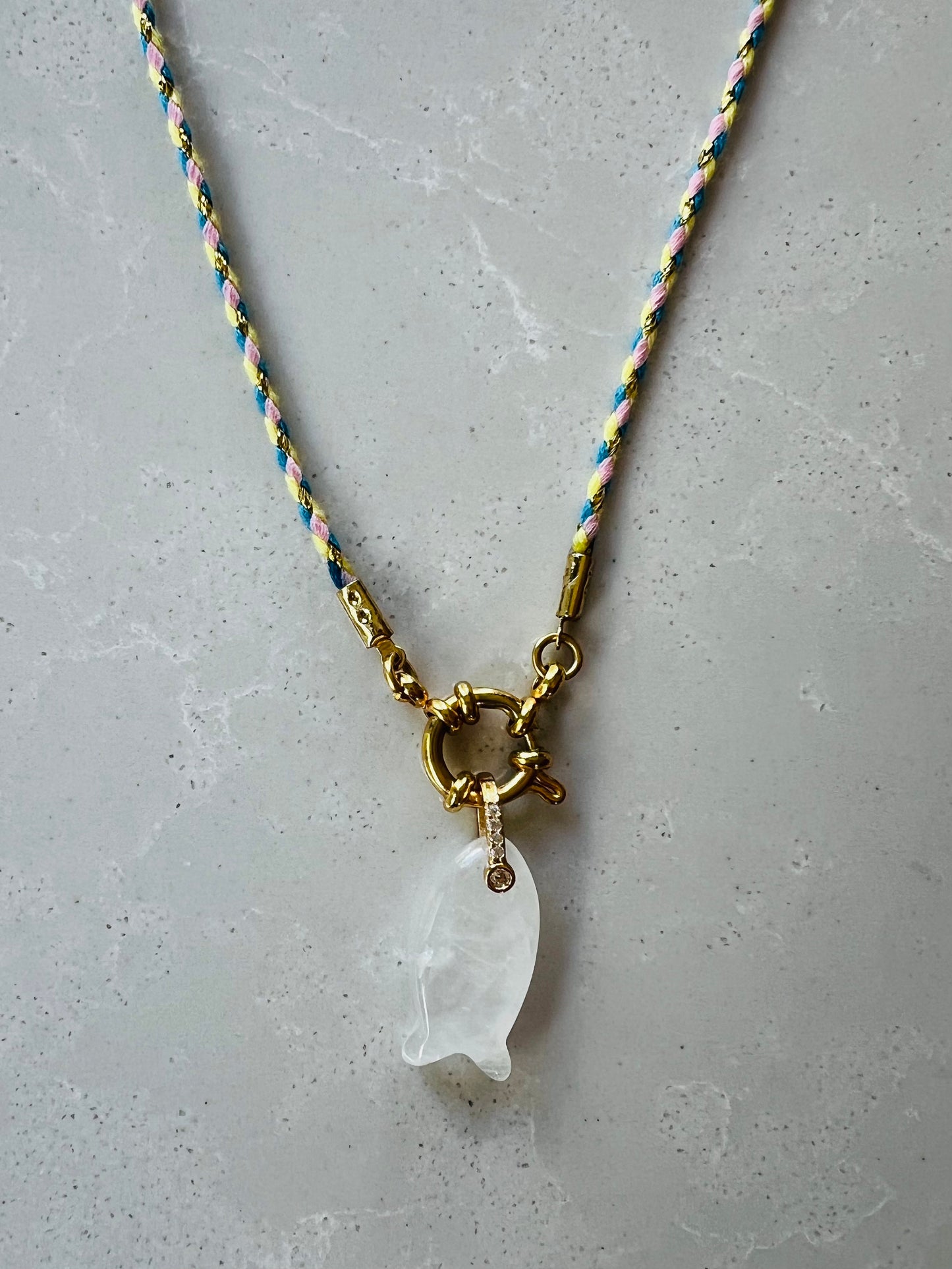 Thin cord necklace with emerald Fish charm #102