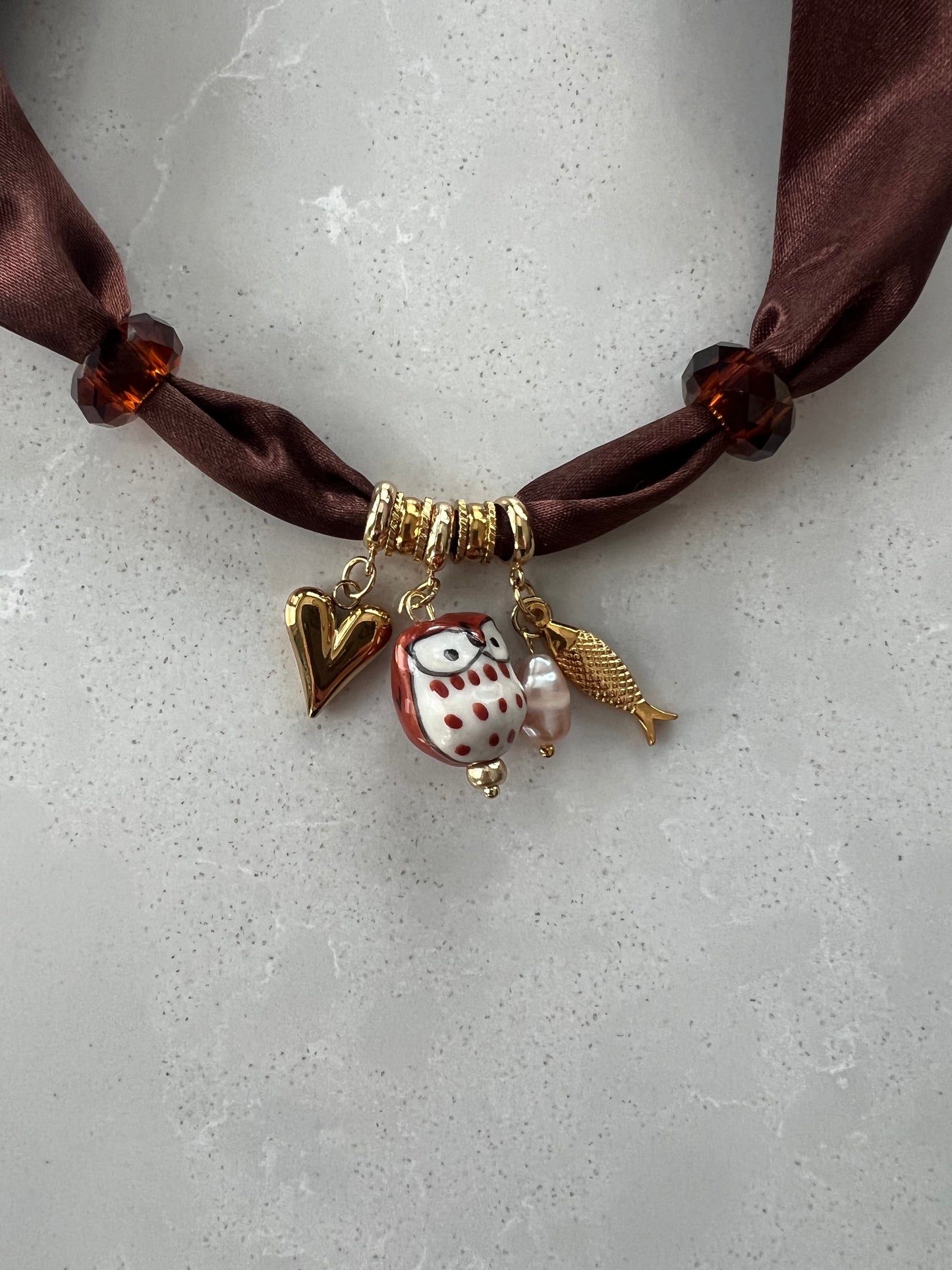 Scarf Necklace #65 (3 charms and 2 glass beads)