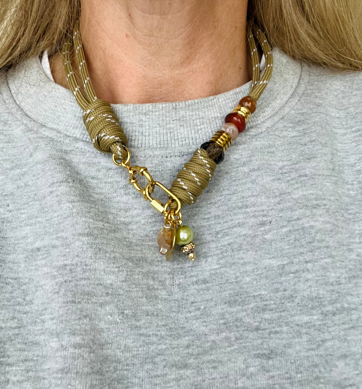 Asymmetric beige cord necklace with slider beads 
#128