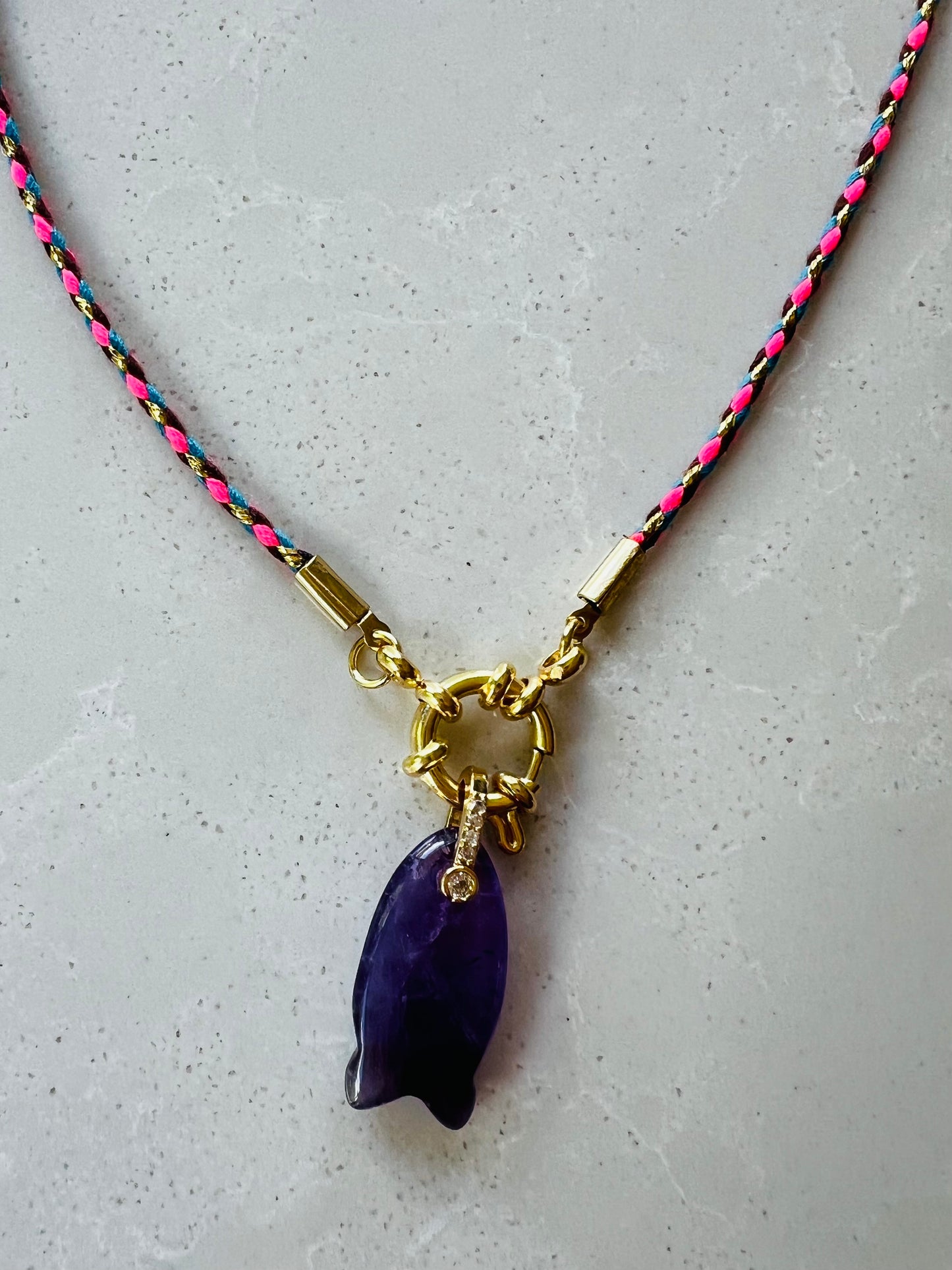 Thin cord necklace with emerald Fish charm #99