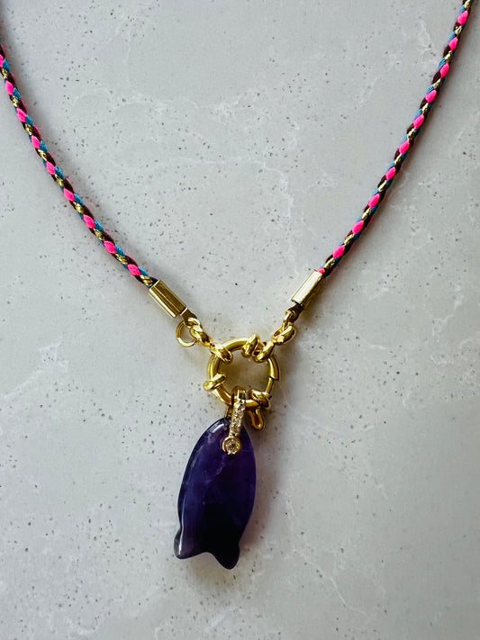 Thin cord necklace with emerald Fish charm #99