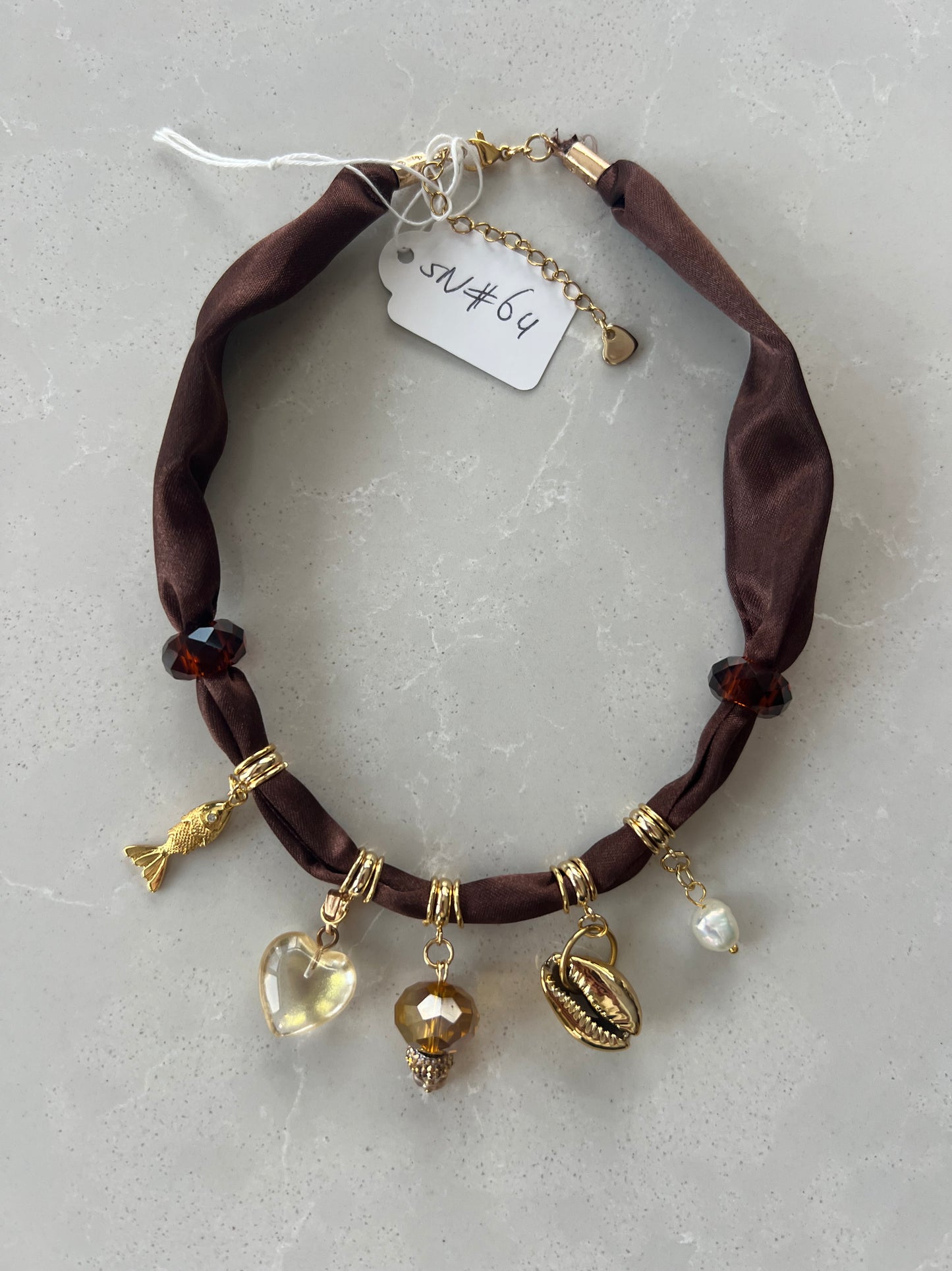 Scarf necklace with 5 charms and 2 glass beads #64