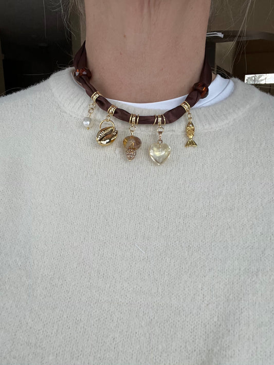 Scarf necklace with 5 charms and 2 glass beads #64