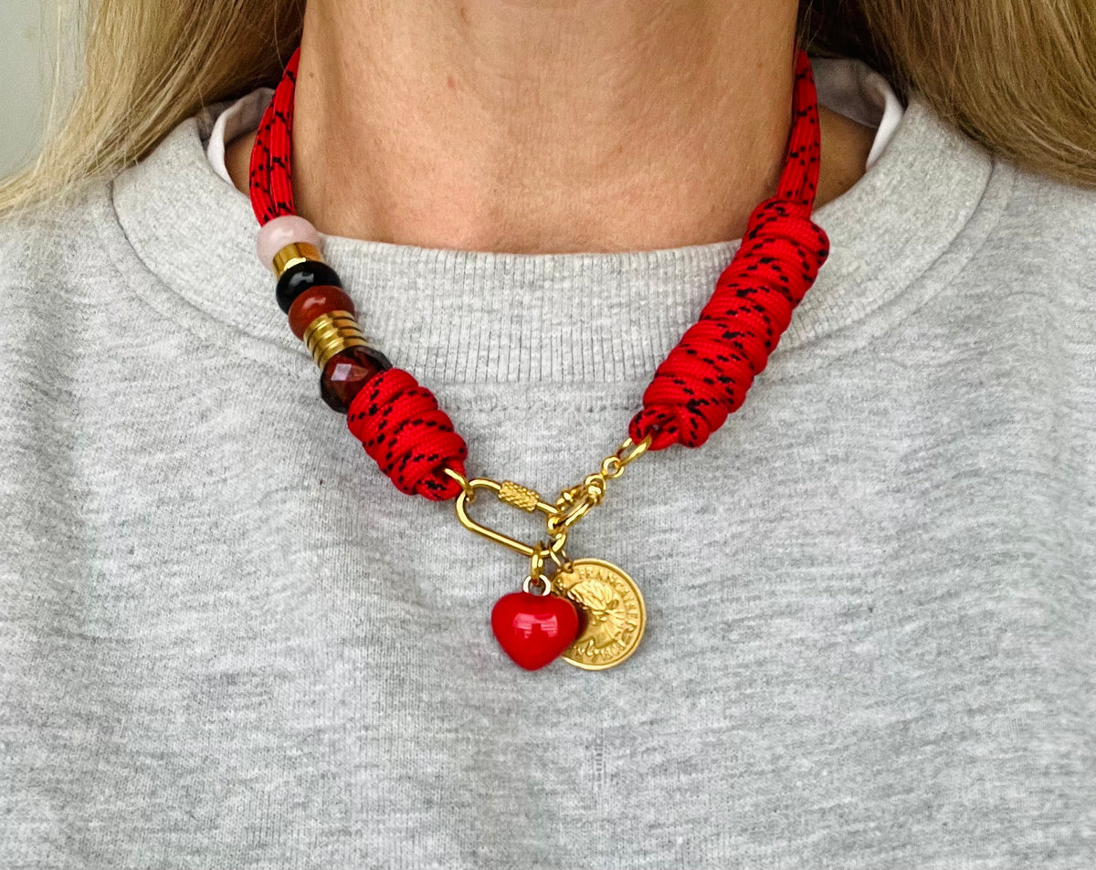 Asymmetric red cord necklace with slider beads # 125
