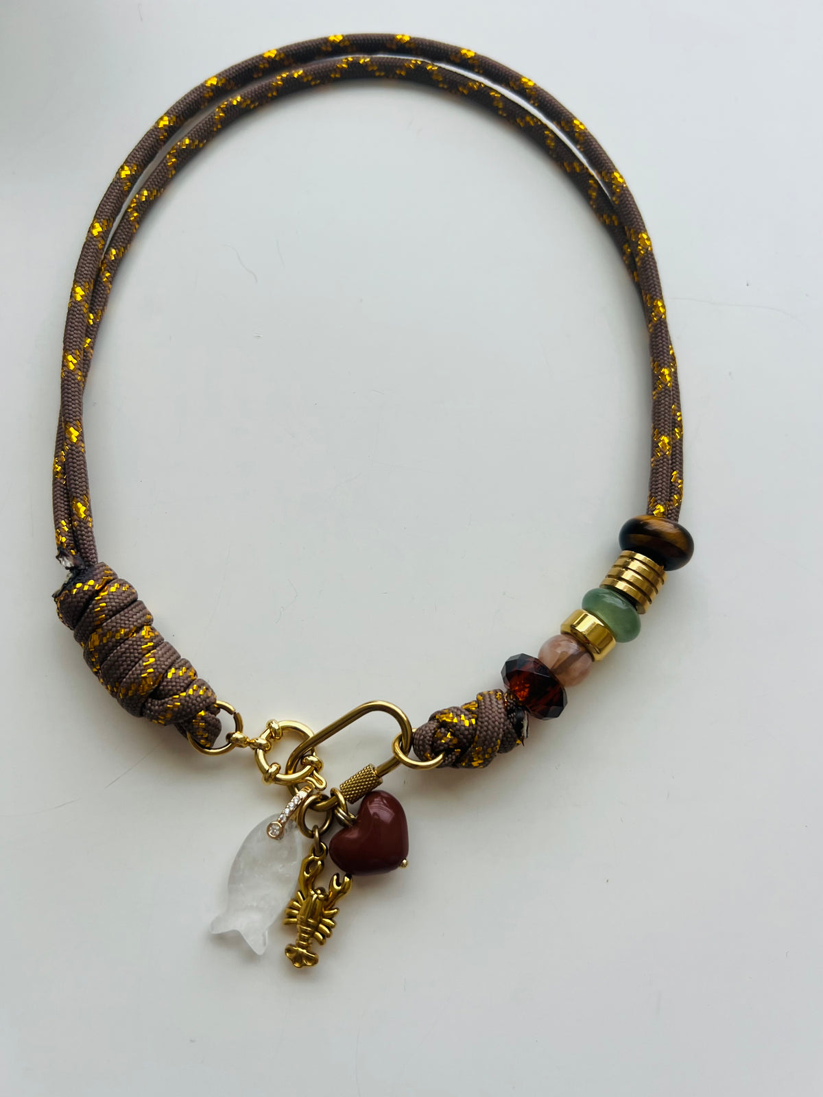 Asymmetric brown & gold cord necklace with slider beads 
#127