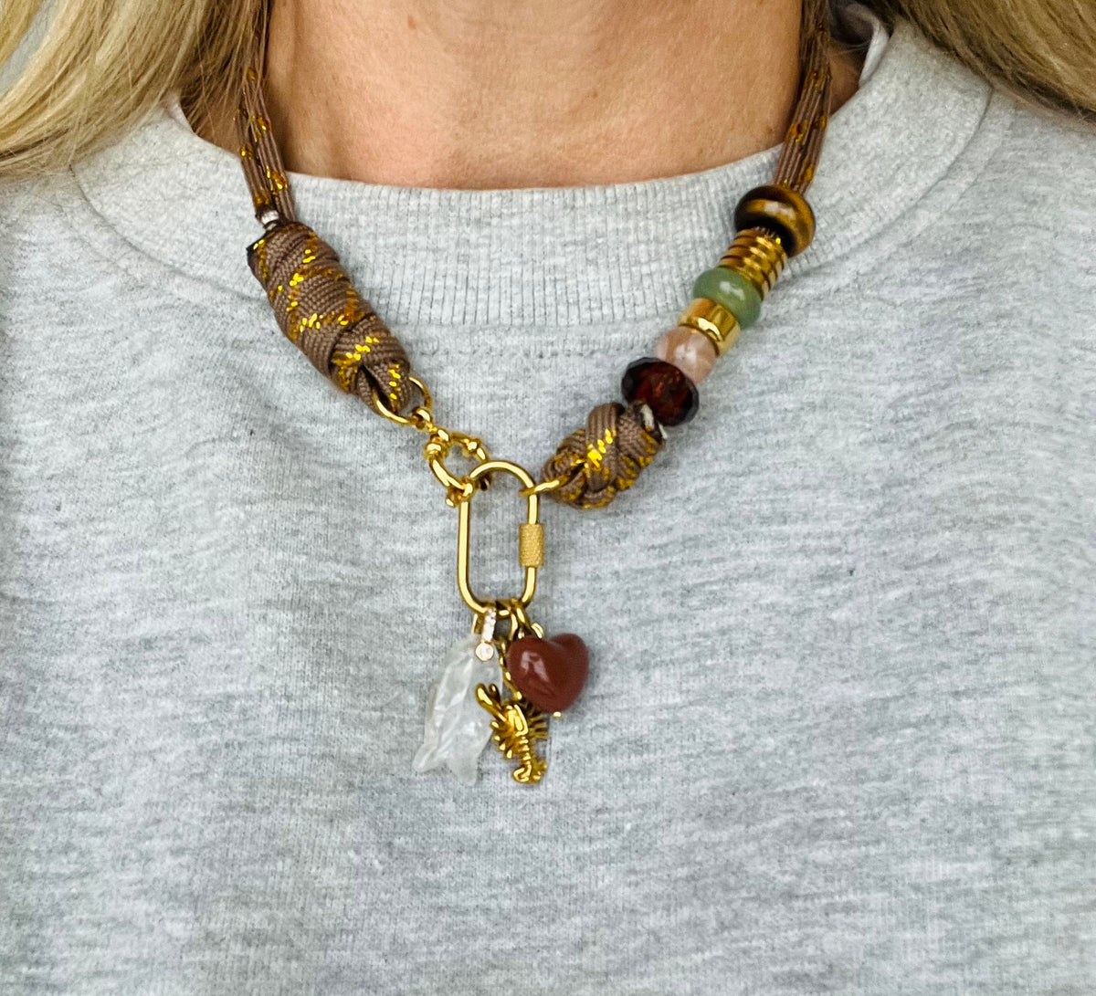 Asymmetric brown & gold cord necklace with slider beads 
#127