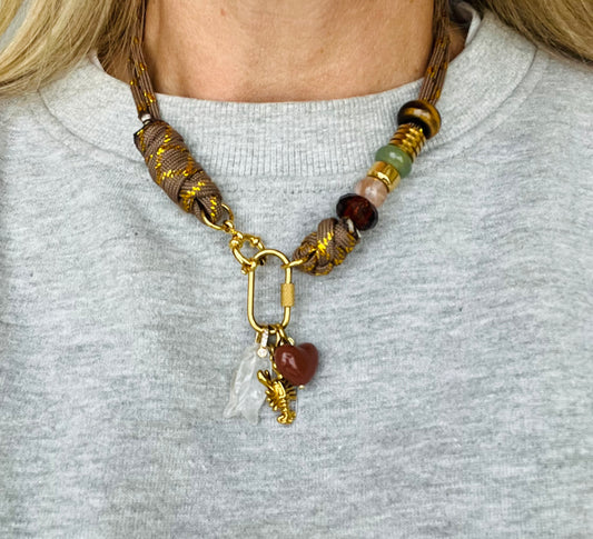 Asymmetric brown & gold cord necklace with slider beads 
#127