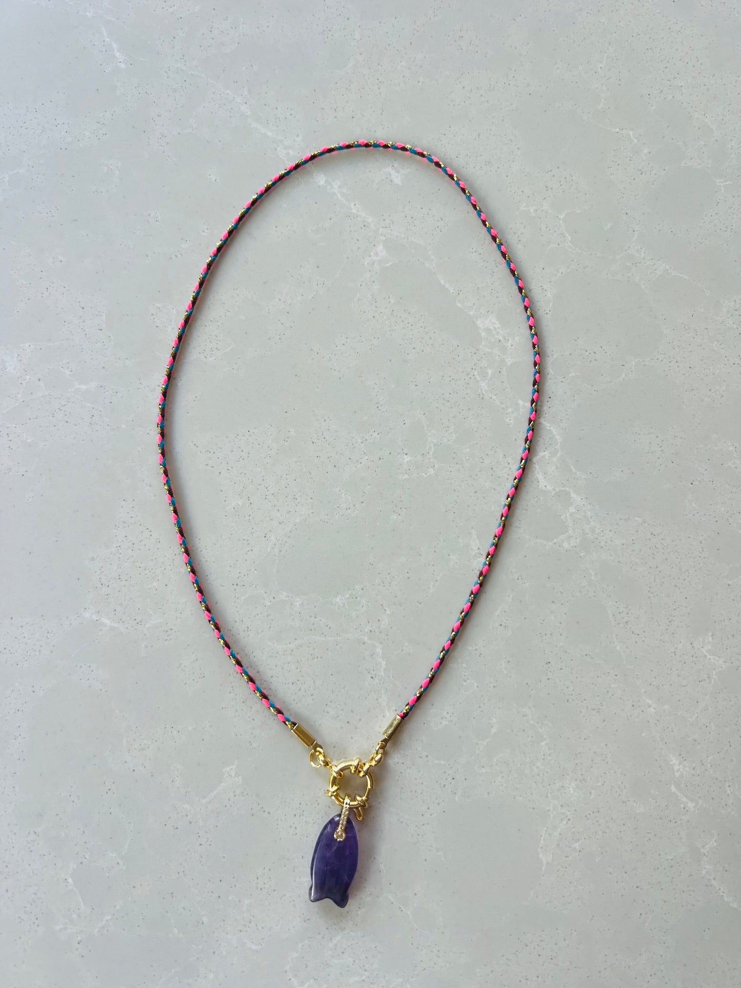Thin cord necklace with emerald Fish charm #99
