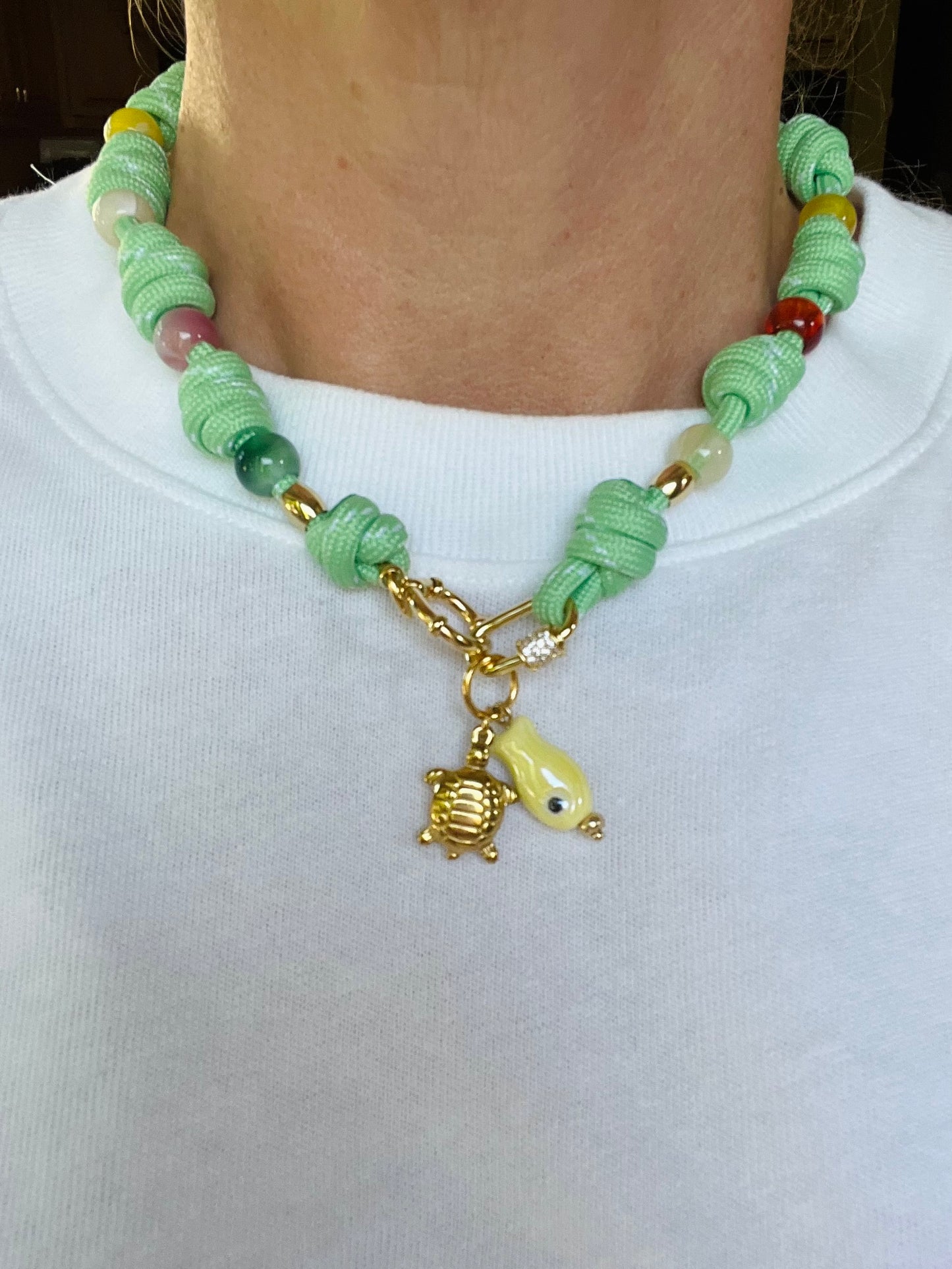 Multi knotted cord necklace with beads and charms #110