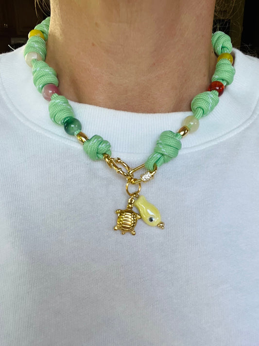 Multi knotted cord necklace with beads and charms #110
