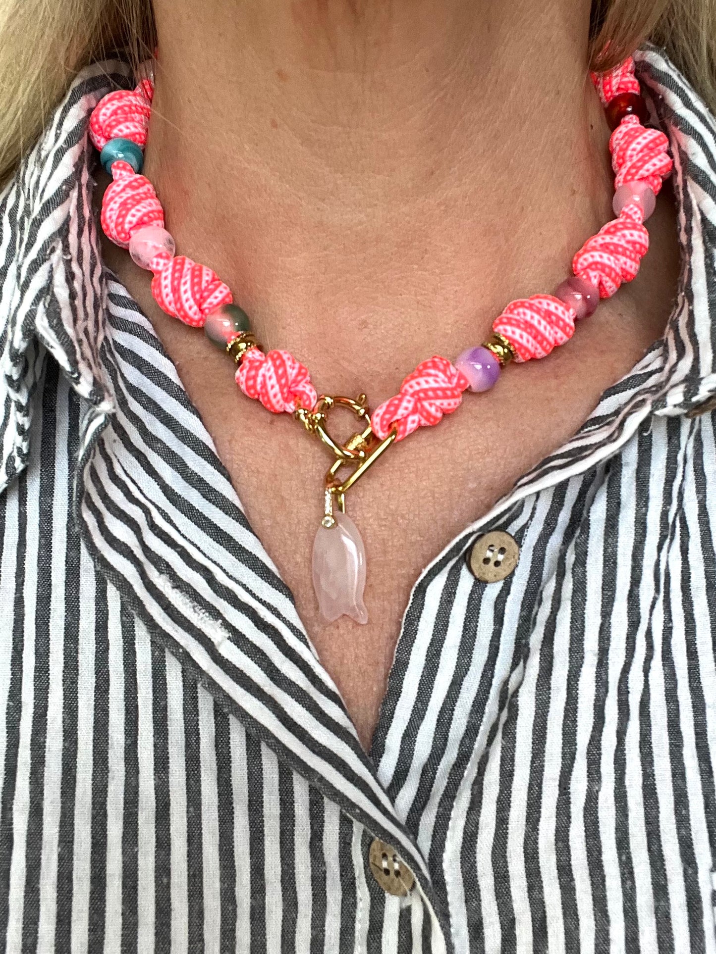 Multi knotted cord necklace with beads and emerald fish charm #106