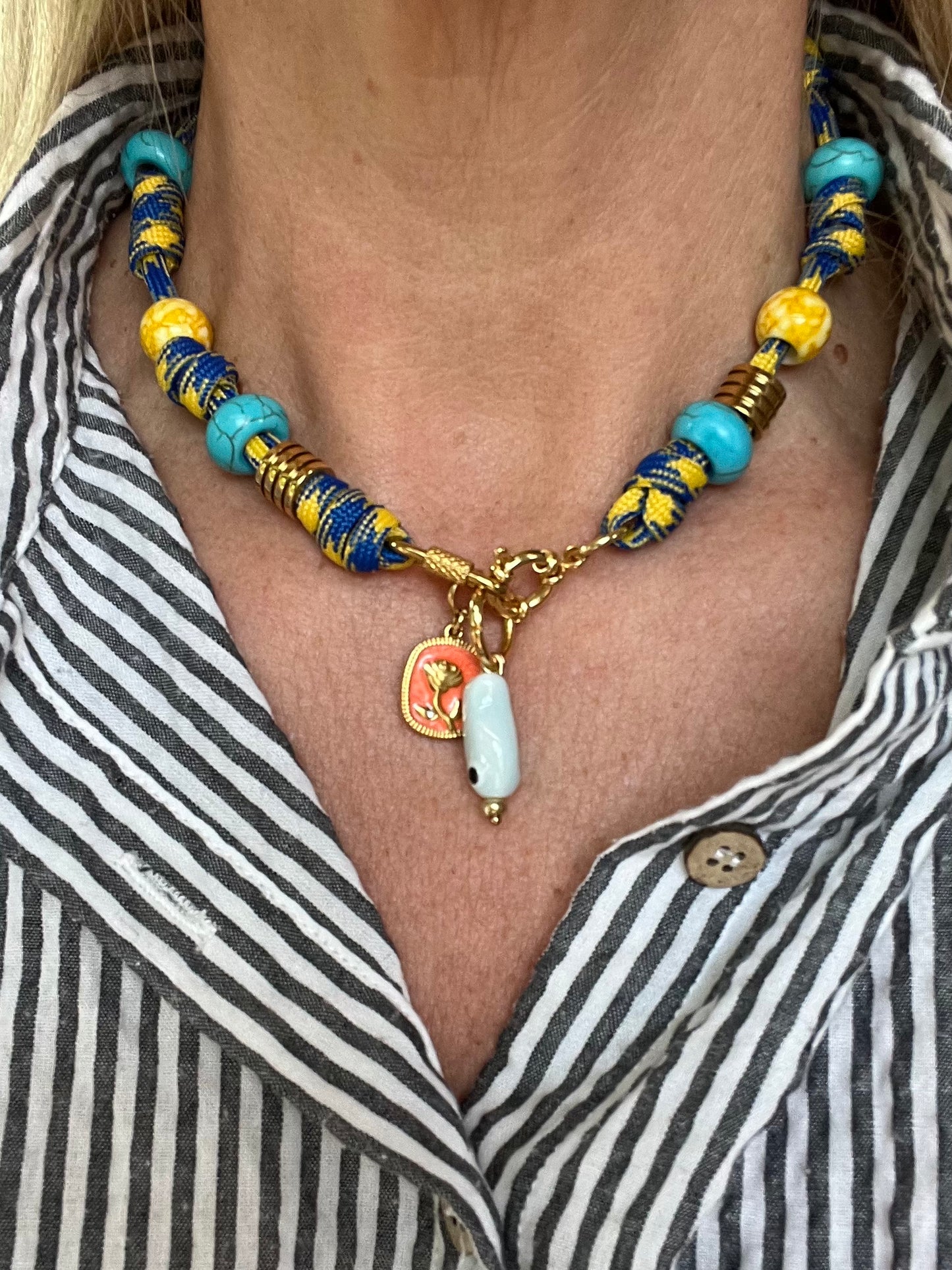 Multi knotted cord necklace with slider beads and charms #108