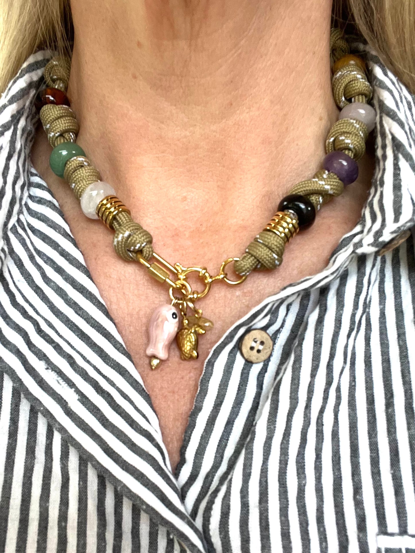 Multi knotted cord necklace with glass beads and charms #107