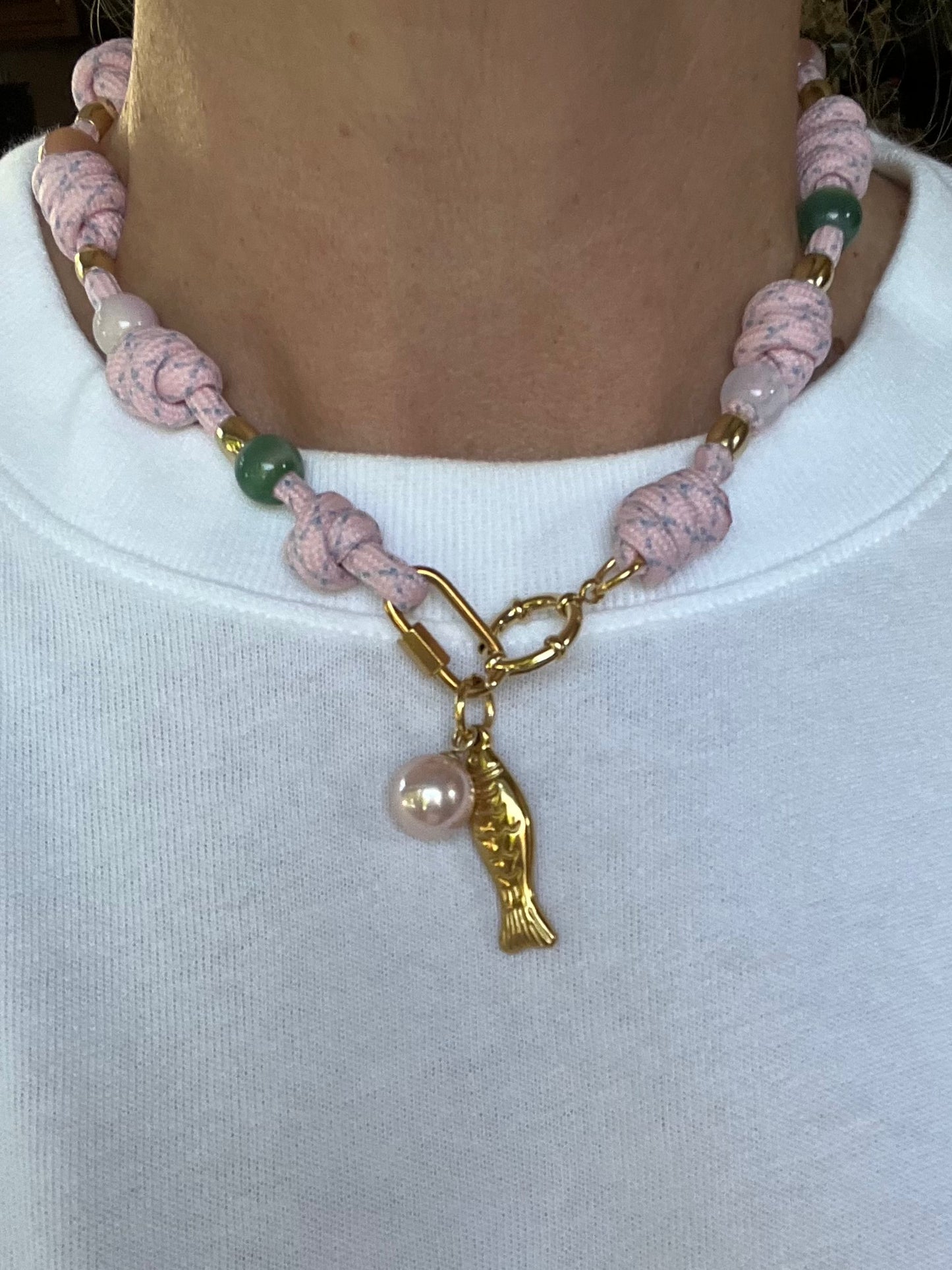 Multi knotted cord necklace with beads and fish charm# 109