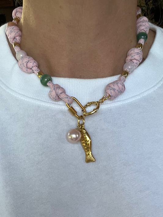 Multi knotted cord necklace with beads and fish charm# 109