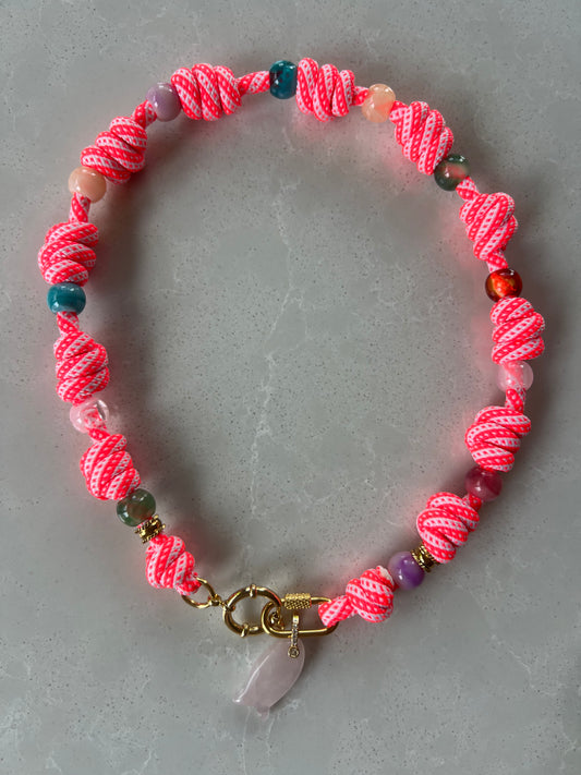 Multi knotted cord necklace with beads and emerald fish charm #106